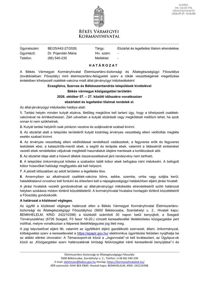 Hat�rozat - ebz�rlat �s legeltet�si tilalom elrendel�se (20260930)